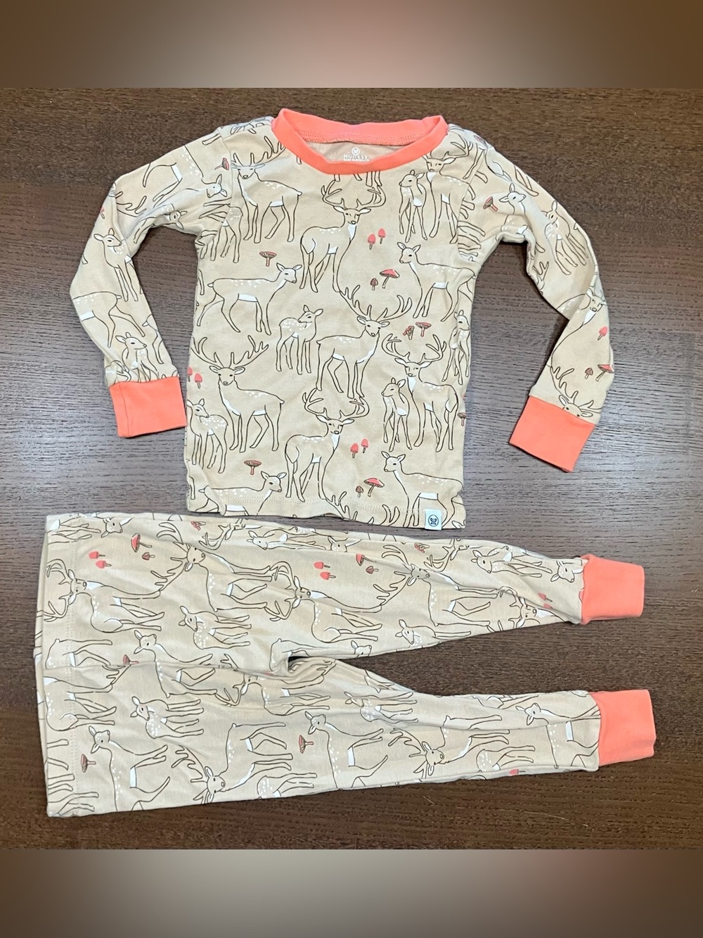 The Honest Company Cotton Beige Deer-Print Pajama Set with Coral Trim